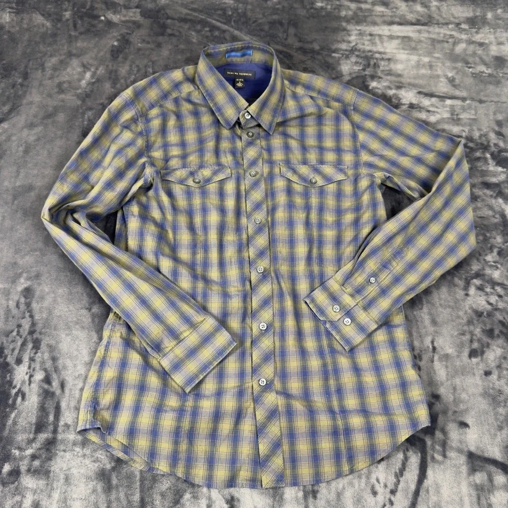 Banana Republic Button Down Shirt Mens S Blue Olive Plaid Stretch Long Sleeve